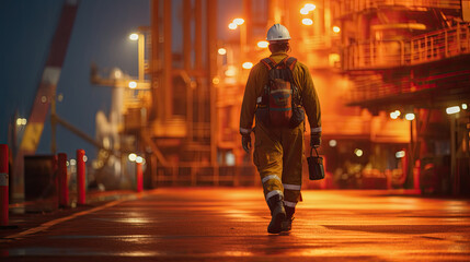 Close up of Offshore oil rig worker walks to an oil and gas facility to work in the process area. Generative Ai