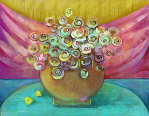 obraz olejny tęczowe róże w wazonie