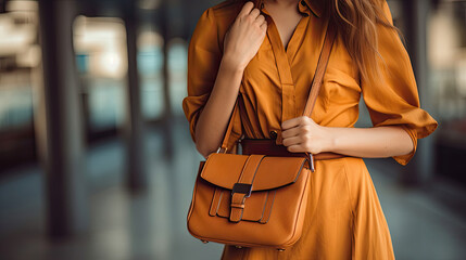 Close up of Stylish fashionable woman wearing bright dress holding brown bag handbag. Generative Ai