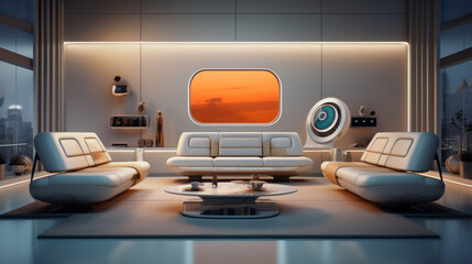 Tech-Savvy Lounge A futuristic living room with smart home gadgets, from voice-controlled lighting to an AI-driven entertainment system, centered around a sleek leather sofa  - obrazy, fototapety, plakaty