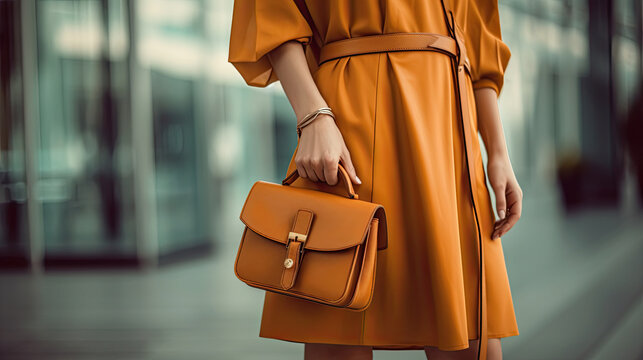 Close up of Stylish fashionable woman wearing bright dress holding brown bag handbag. Generative Ai