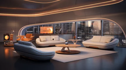 Fotobehang Tech-Savvy Lounge A futuristic living room with smart home gadgets, from voice-controlled lighting to an AI-driven entertainment system, centered around a sleek leather sofa  © Textures & Patterns