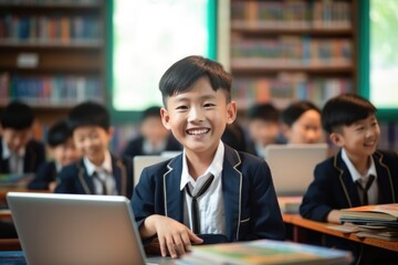 A young student, clad in comfortable clothing, sits in a quiet library classroom, a beaming smile lighting up his face as he learns and explores through the screen of his trusty laptop