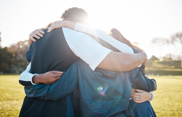 Cheerleader team, group hug and huddle for sports competition support, trust or community...