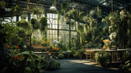 Urban Greenhouse A room filled with indoor plants, hanging gardens, and botanical artwork It feels like a lush, urban oasis