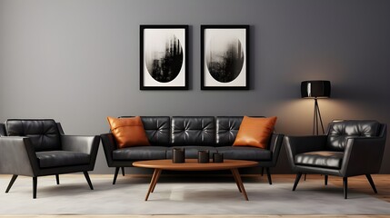 Mid-century home interior design of modern living room. black sofa and chair against grey wall with three art frames. Generate AI