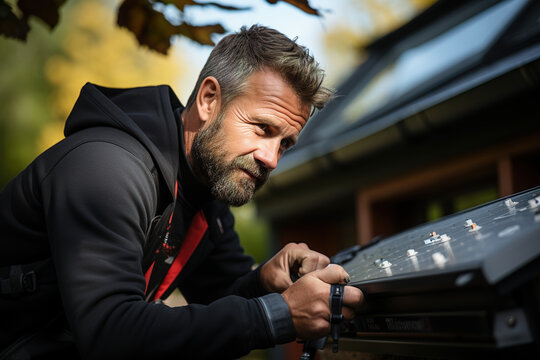 hombre anciano limpiando panel solar, casa con energia sostenible, casa ecologica