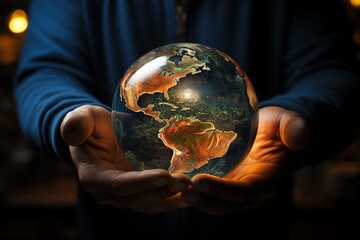 unrecognizable person holds the planet earth with his two hands, glass sphere in the shape of planet earth - obrazy, fototapety, plakaty
