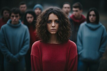 Portrait of a woman with multiple people from society in the background illustrating social pressure on women and woman's social issues - obrazy, fototapety, plakaty