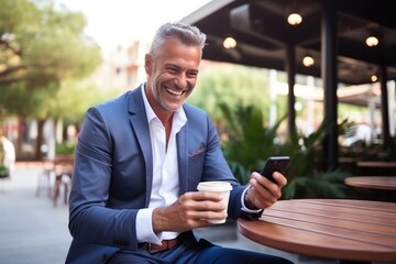 A dapper businessman exudes confidence as he balances his phone and coffee, his sharp suit blending seamlessly with the outdoor furniture and his infectious smile lighting up the scene