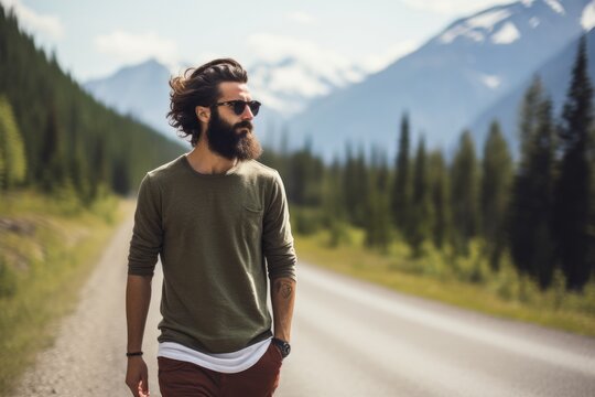 Hipster walking along the road in mountains