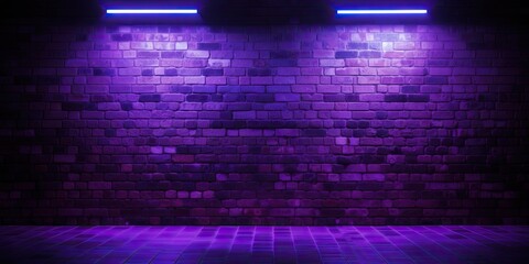 Bright lights in dark abstract wall. Futuristic glow. Neon lights illuminate empty space. Electric elegance. Dark room