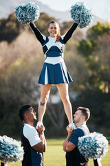 Cheerleader, sports and men balance woman on field for performance, dance and game motivation....