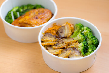 Pork meat bowl in take away box