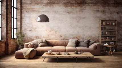 Urban Loft Style Exposed brick walls, a distressed leather sofa, and a reclaimed wood coffee table evoke an urban loft feel Industrial pendant lights hang from the high ceiling 
