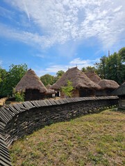 A group of houses with thatched roofs