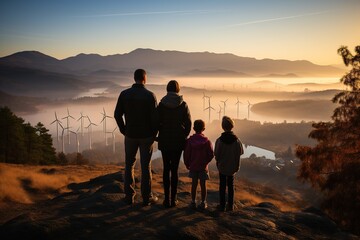 Obraz premium family standing on top of a mountain looking at windmills, unrecognizable people, at sunset, wind energy concept