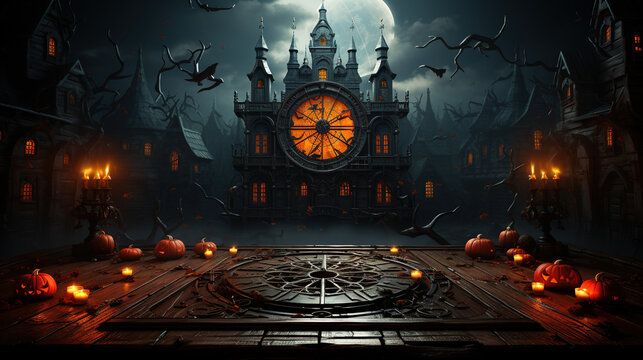 Wooden board surface and many halloween carved pumpkin lighting in scary graveyard, night scene with old church clock scene for halloween celebration - Powered by Adobe