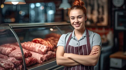 Fotobehang Portrait of A happy female butcher standing with arms crossed in modern meat shop. Generative Ai © tong2530