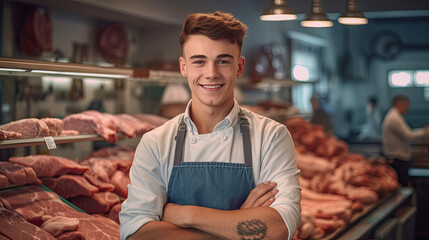Portrait of A happy young male butcher standing with arms crossed in modern meat shop. Generative Ai