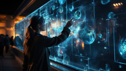 Beautiful girl touching Conceptual futuristic cosmic space wall display