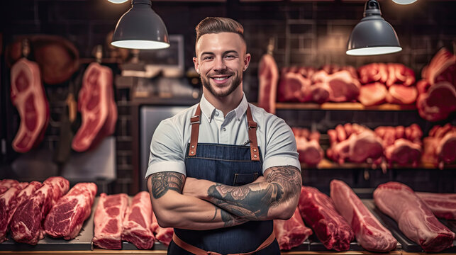 Portrait of A happy young male butcher standing with arms crossed in modern meat shop. Generative Ai