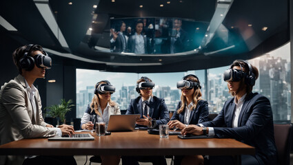 Business people in a conference room, professionals in separate locations using VR headsets to conduct a virtual business meeting, highlighting the immersive experience of remote collaboration. - obrazy, fototapety, plakaty