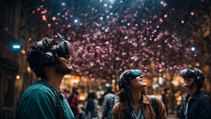 Friends or family members wearing VR headsets and interacting in a virtual social environment, emphasizing the sense of presence and connection.
