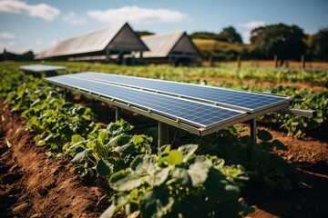 farm with solar panels in the fields, sustainable agriculture,