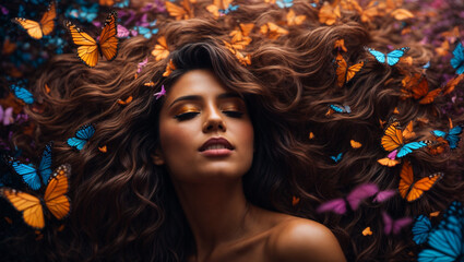 Portrait of a woman's hair appears to be alive with swirling and colorful butterflies, invoking a sense of otherworldly beauty.