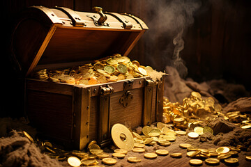 Open treasure chests full of gold coins, pirate treasures, hidden wooden chests