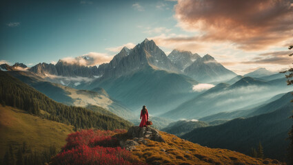 View from the top of the mountain. A breathtaking mountain vista as the backdrop, with the woman in the foreground, taking in the majestic scenery of the forest-clad peaks. - obrazy, fototapety, plakaty