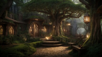 Fototapeta na wymiar fantasy kingdom . Hidden within an enchanted forest, this Elvish city, built among towering Eldertrees, blends nature and architecture, offering wisdom, magic, and serenity to all who visit 