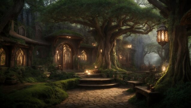 fantasy  kingdom . Hidden within an enchanted forest, this Elvish city, built among towering Eldertrees, blends nature and architecture, offering wisdom, magic, and serenity to all who visit 
