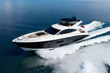 An aerial snapshot of a luxurious powerboat slicing through the tranquil waters.