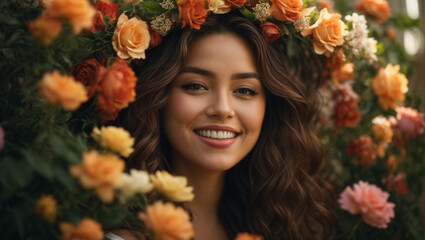 Portrait of a woman, genuine happiness and carefree spirit as she wears the flower wreath.