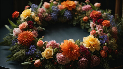 Fototapeta na wymiar bouquet of flowers. Flowers in the wreath, highlighting their colors, textures.