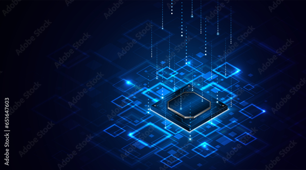 Aufkleber microchip processor circuit board technology on dark blue background. information processing concept