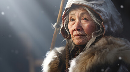 An elderly woman in a warm Eskimo fur jacket and hood close-up