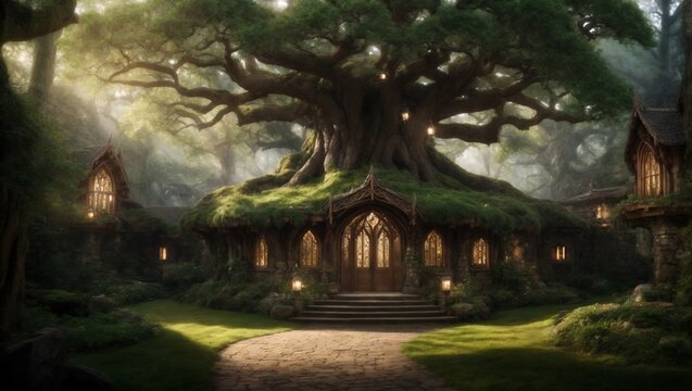 fantasy  kingdom . Hidden within an enchanted forest, this Elvish city, built among towering Eldertrees, blends nature and architecture, offering wisdom, magic, and serenity to all who visit 
