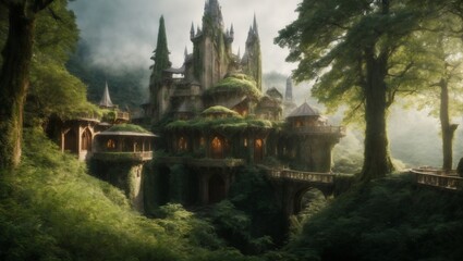fantasy  kingdom . Hidden within an enchanted forest, this Elvish city, built among towering Eldertrees, blends nature and architecture, offering wisdom, magic, and serenity to all who visit  - obrazy, fototapety, plakaty