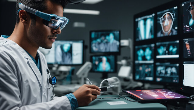 A medical professional using augmented reality glasses during training or surgery, with real-time patient data and medical images overlaid for guidance.
