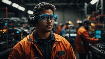 Fotobehang An industrial worker using AR glasses for equipment maintenance, with real-time diagnostics, schematics, and safety information displayed. © Lokesh