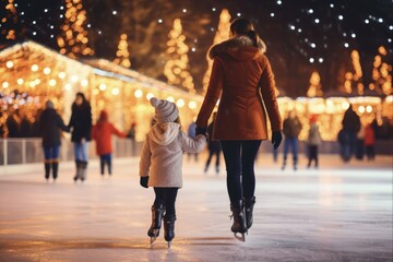 Healthy Seasonal Hobby: Mother and Daughter Enjoy Outdoor Ice Skating with Bokeh Background
