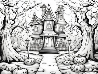 Printable Halloween Haunted House Coloring Sheet for Kids: Spooky Outline of Haunted House, Pumpkin, and Black Cats for Children's Coloring Page