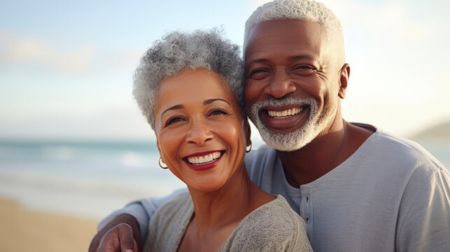 Outdoor Happiness: Cheerful African American Mature Couple At Beach With Arms Around Each Other In Casual Attire