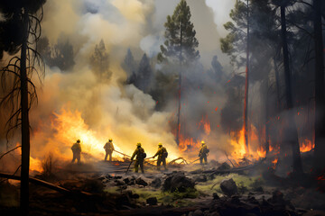 firefighters extinguish forest fires, heroic actions of firefighters - obrazy, fototapety, plakaty