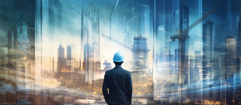 rear view of professional engineer manager standing concentrate focus multi exposure with building construction industry background construstion engineer concept