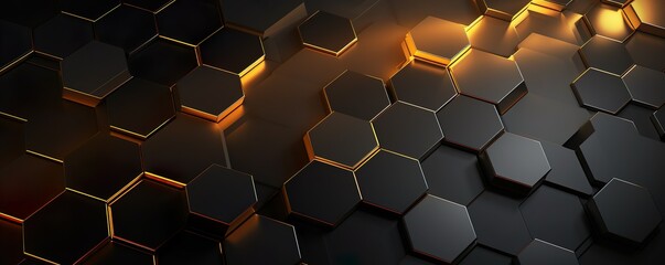 Abstract futuristic luxurious digital geometric technology hexagon background banner illustration 3d - Glowing gold, brown, gray and black hexagonal 3d shape texture wall | Generative AI