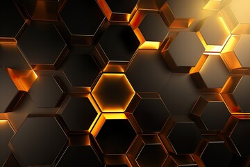 Abstract futuristic luxurious digital geometric technology hexagon background banner illustration 3d - Glowing gold, brown, gray and black hexagonal 3d shape texture wall | Generative AI